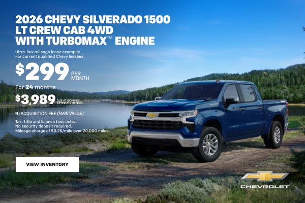 2026 Chevy Silverado 1500 LT Crew Cab 4WD with TurboMax Engine. Ultra-low mileage lease example: ...